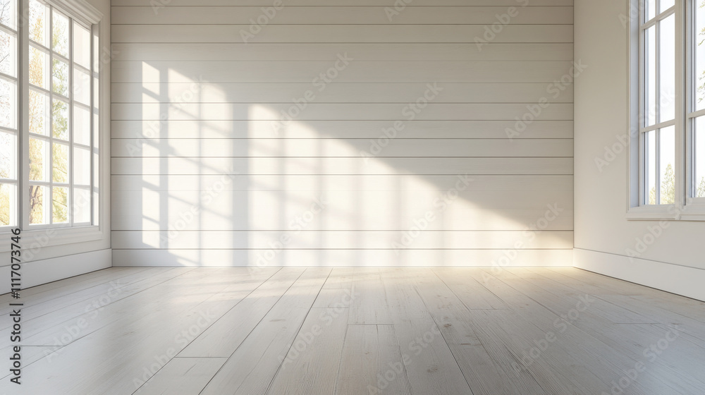 Fototapeta premium Bright and airy modern farmhouse interior with shiplap walls and large windows. muted tones create serene atmosphere, perfect for relaxation and creativity