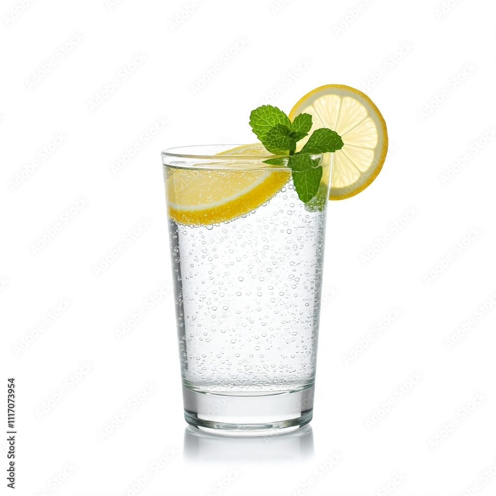 fresh lemon and mint sparkling water in glass with bubbles isolated on white background fresh lemon and mint sparkling water in glass with bubbles isolated on white background