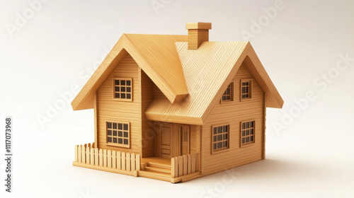 wooden model house with sloped roof, windows, and fence, showcasing craftsmanship and design. This charming structure evokes feelings of warmth and comfort photo