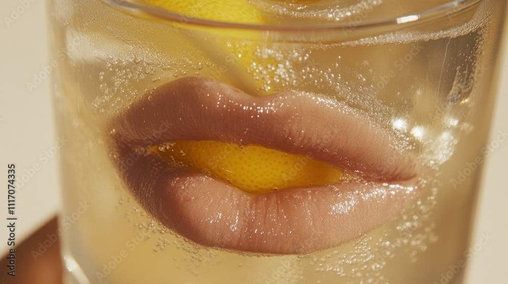 Obraz premium A glass of sparkling drink with a lemon slice and stylized lips submerged inside.
