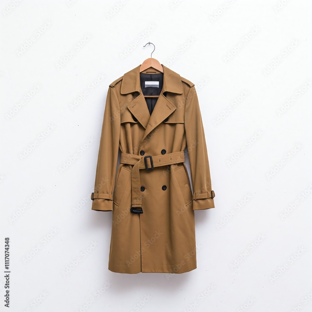 Naklejka premium brown classic trench coat hanging on a white wall isolated on a white background studio photography