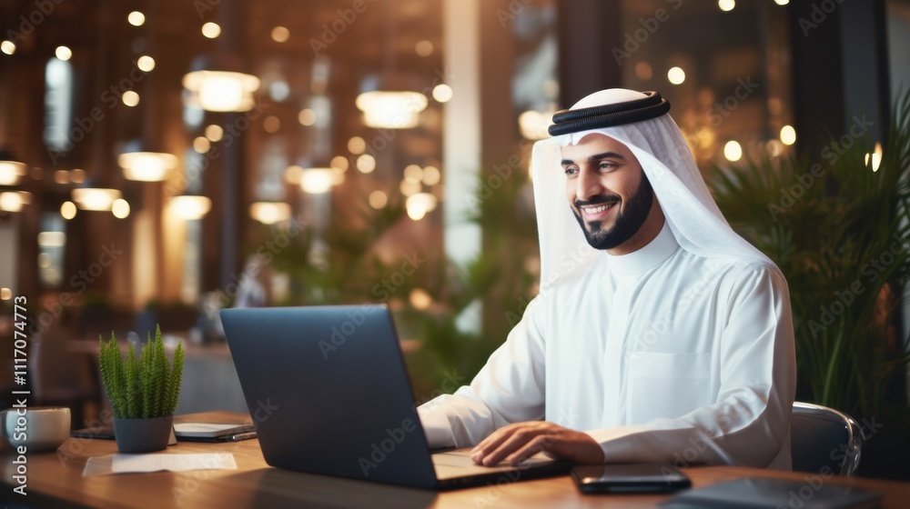 Professional Arab attire in a business context, with a confident entrepreneur working in a dynamic and innovative office Professional Arab attire in a business context, with a confident entrepreneur working in a dynamic and innovative office