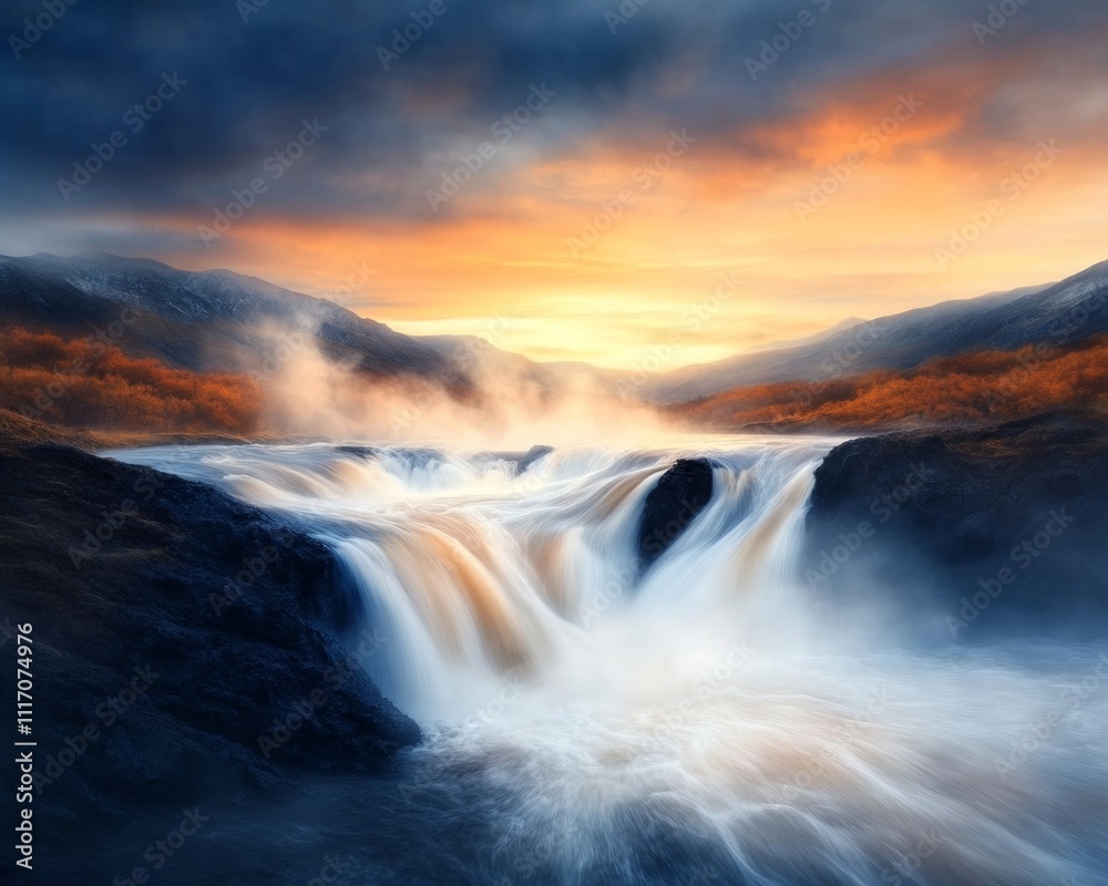 Fototapeta premium Majestic Waterfall at Sunset.