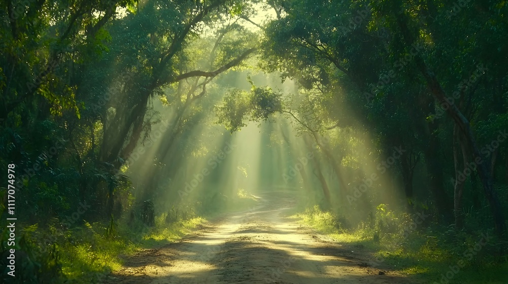 Sunbeams illuminate a path through a lush, green forest. Sunbeams illuminate a path through a lush, green forest.