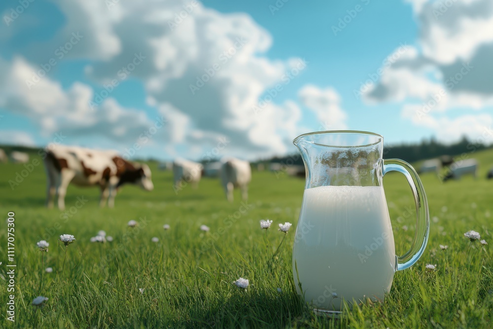 A glass pitcher of fresh milk placed on a grassy field with cows grazing in the background A glass pitcher of fresh milk placed on a grassy field with cows grazing in the background