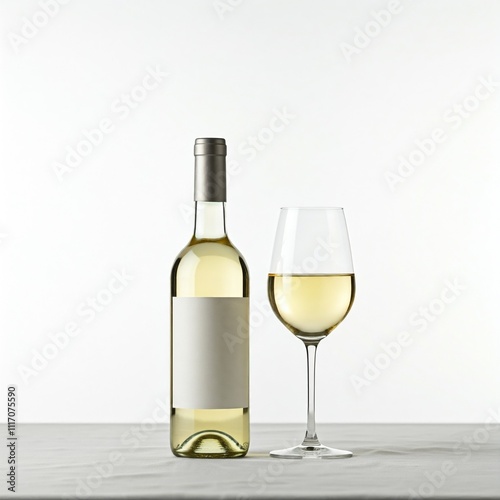 white wine bottle and glass on white tablecloth with blank label