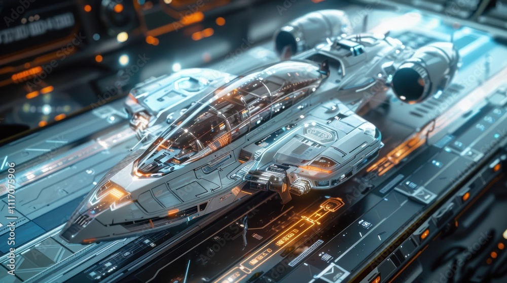 Futuristic spaceship on a hangar platform. Futuristic spaceship on a hangar platform.