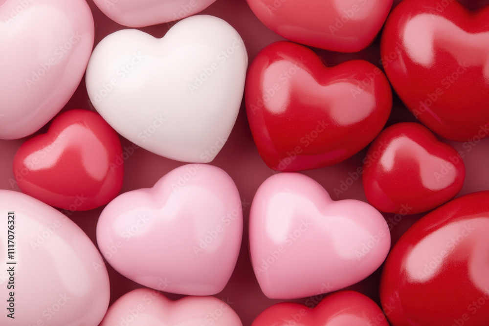 Obraz premium Colorful hearts in various shades of red, pink, and white create vibrant and romantic atmosphere, perfect for expressing love and affection