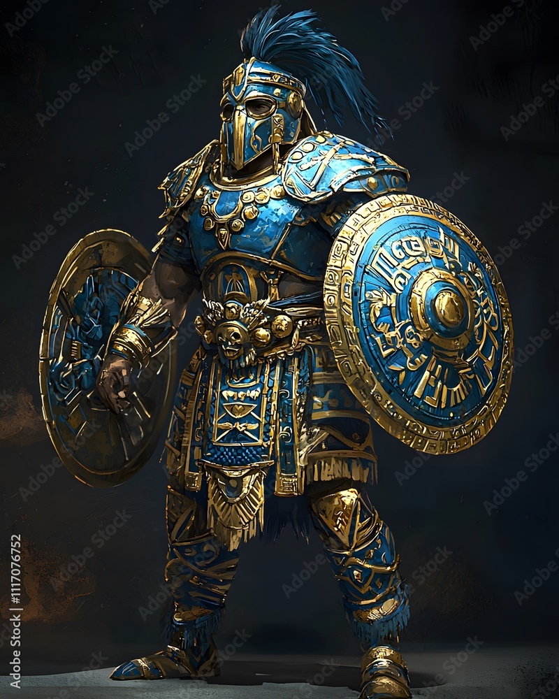 Fototapeta premium Futuristic Aztec Warrior in Blue and Gold Armor with Energy Shields