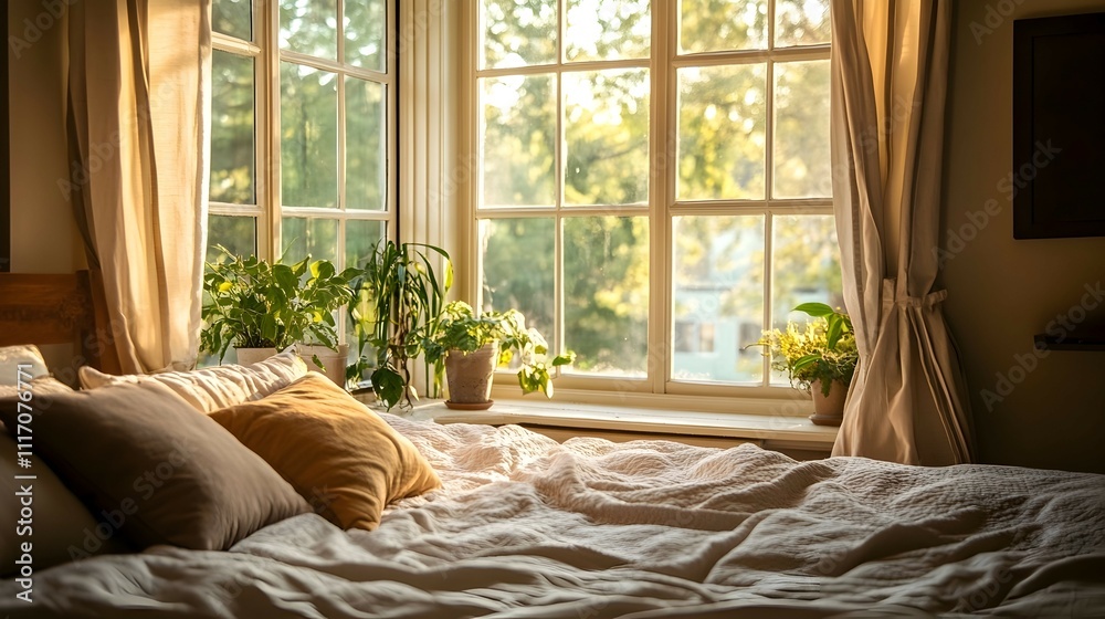 Fototapeta premium Sunlit bedroom with large window, plants, and unmade bed.