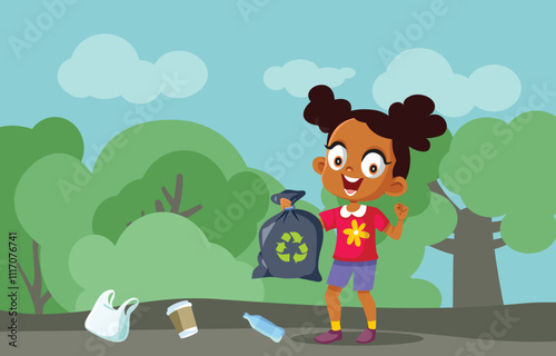 Volunteer Girl Picking up Garbage Outside in the Forest Vector Illustration. Child cleaning the rubbish keeping the environment safe 
