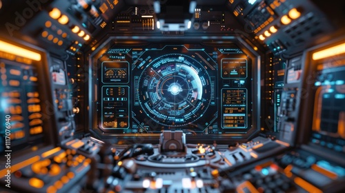 Fototapeta Naklejka Na Ścianę i Meble -  Futuristic spaceship bridge interior with holographic display and control panels.