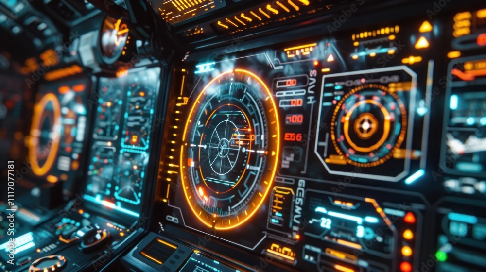 Futuristic spaceship control panel with glowing interfaces and digital displays. Futuristic spaceship control panel with glowing interfaces and digital displays.