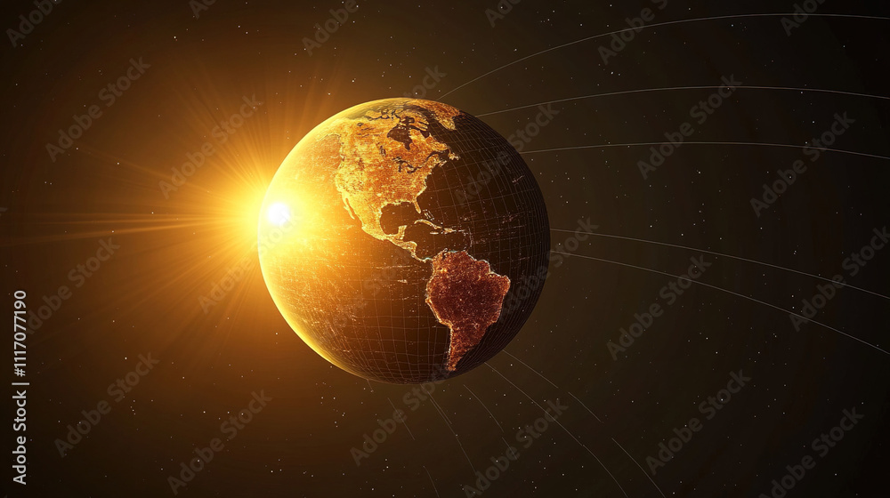 Obraz premium Earth axis diagram illustration showing the tilt of the Earth's rotational axis relative to its orbital plane, explaining the cause of seasonal changes and the distribution of sunlight.