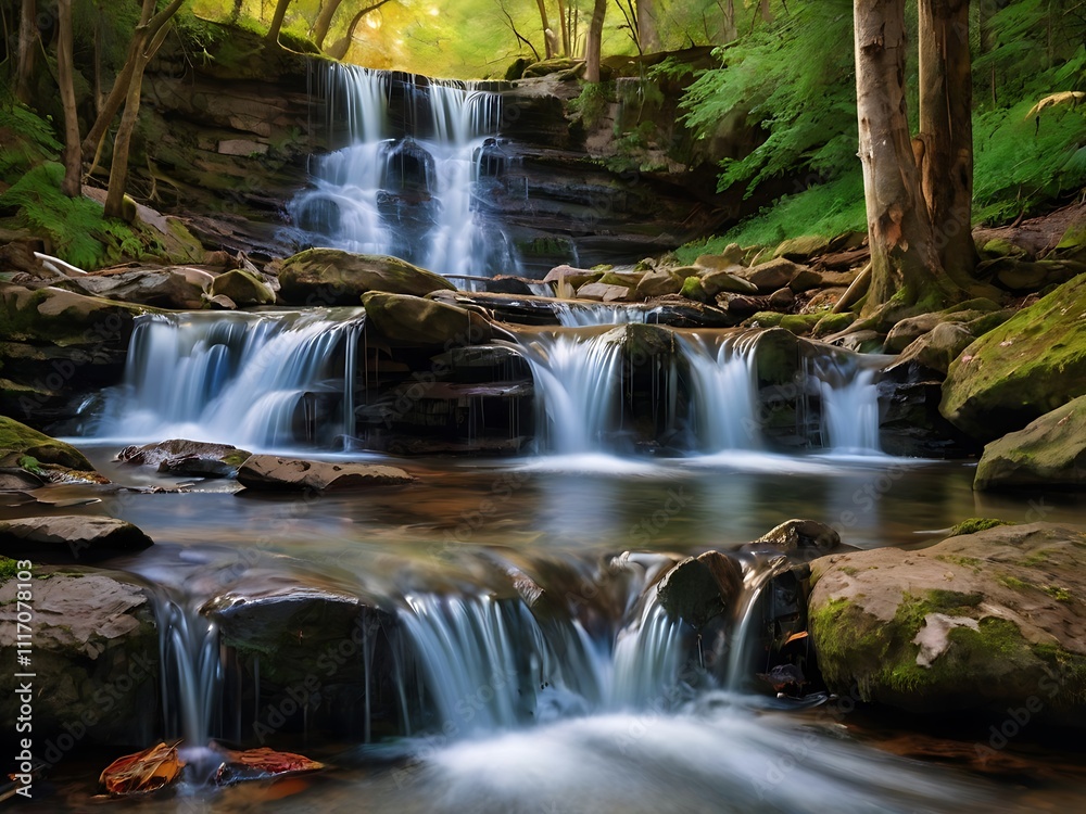Fototapeta premium Serene Waterfall Cascading Through Lush Forest