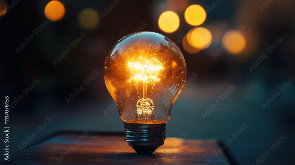 glowing light bulb emits warm light, creating cozy atmosphere with bokeh effects in background. intricate filament design adds vintage touch glowing light bulb emits warm light, creating cozy atmosphere with bokeh effects in background. intricate filament design adds vintage touch