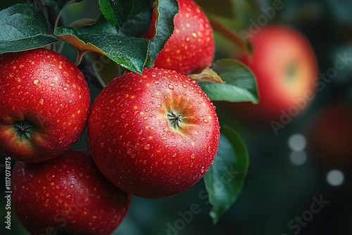 Three red apples hanging from a tree with water droplets on them photo