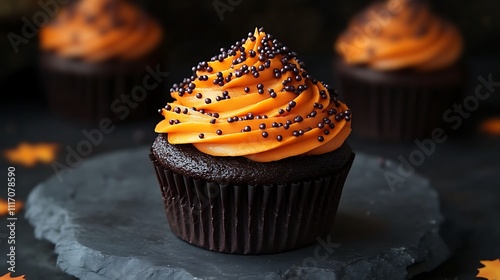 Delicious Halloween Chocolate Cupcakes Orange Frosting photo