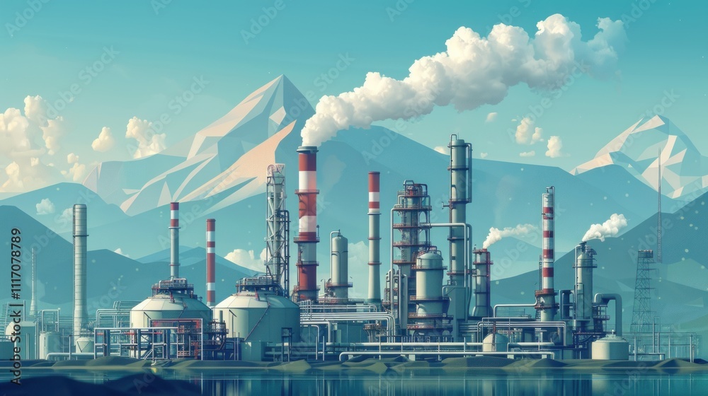 Industrial complex nestled in a mountain valley, emitting smoke. Industrial complex nestled in a mountain valley, emitting smoke.