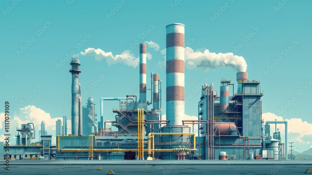 Industrial complex with tall smokestacks emitting smoke under a clear sky.