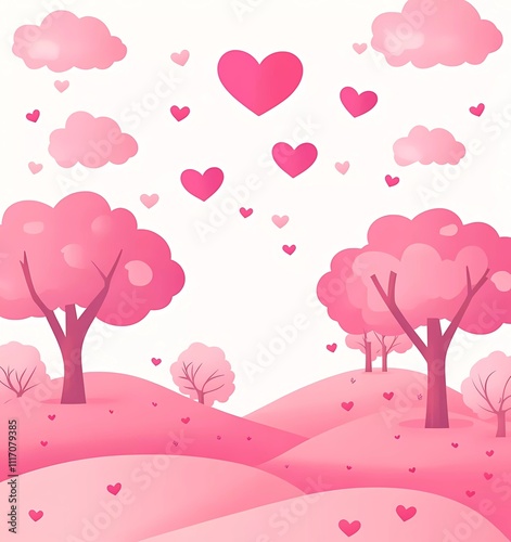 Valentine's day background vector illustration with pink trees and clouds, simple shapes, cute style, vector art, flat design, pink color palette, love concept,  photo