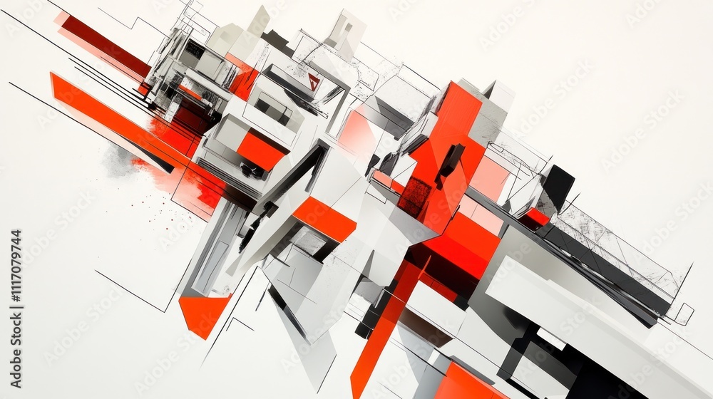 Abstract geometric composition with sharp angles and contrasting colors.
