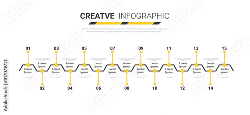 Timeline Infographics Template, Vector infographics timeline design template with 15 label, Vector. can be used for workflow layout, diagram, number step up options.