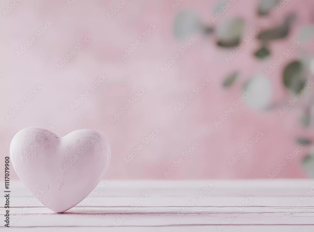 Valentine's Day background with copy space, heart in a pink color, minimal style, simple and clean, pastel tones, and a white wooden table in the foreground. Valentine's Day background with copy space, heart in a pink color, minimal style, simple and clean, pastel tones, and a white wooden table in the foreground.