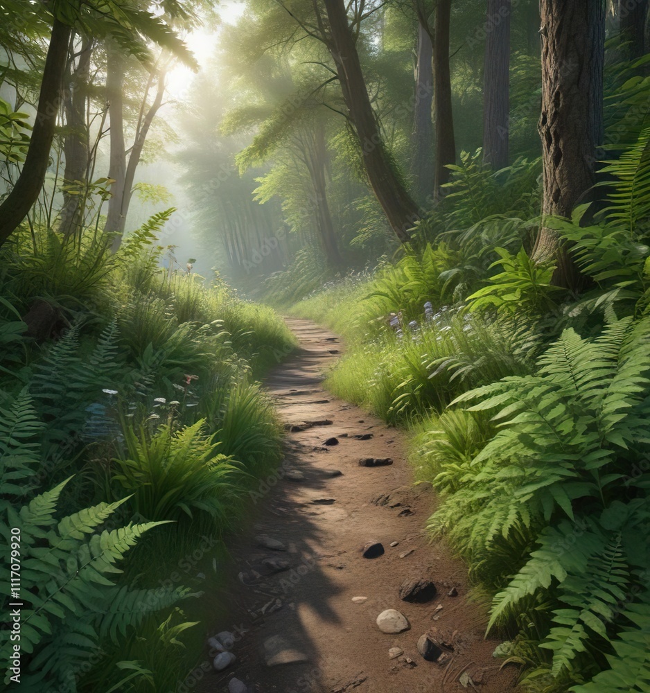 Obraz premium Overgrown forest path with ferns and wildflowers, foliage, leaf litter, ferns