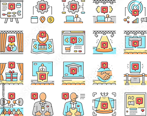event agency party business icons set vector. birthday wedding organization, corporate conference, presentation management, gala event agency party business color line illustrations