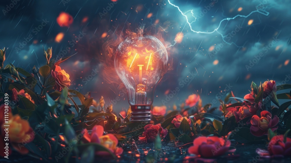 Fiery lightbulb amidst stormy night, blooming flowers.