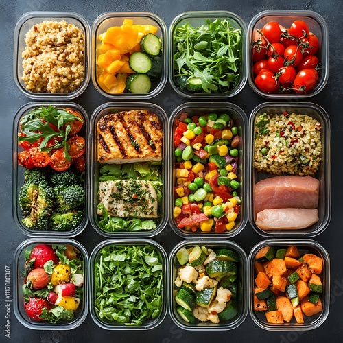 Healthy meal prep containers with grilled fish, vegetables, grains, and fruits.