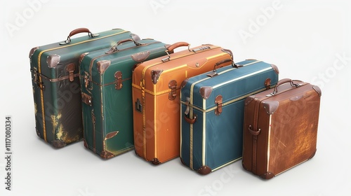 A detailed image of vintage travel suitcases isolated on a white background.--ar 16:9 photo