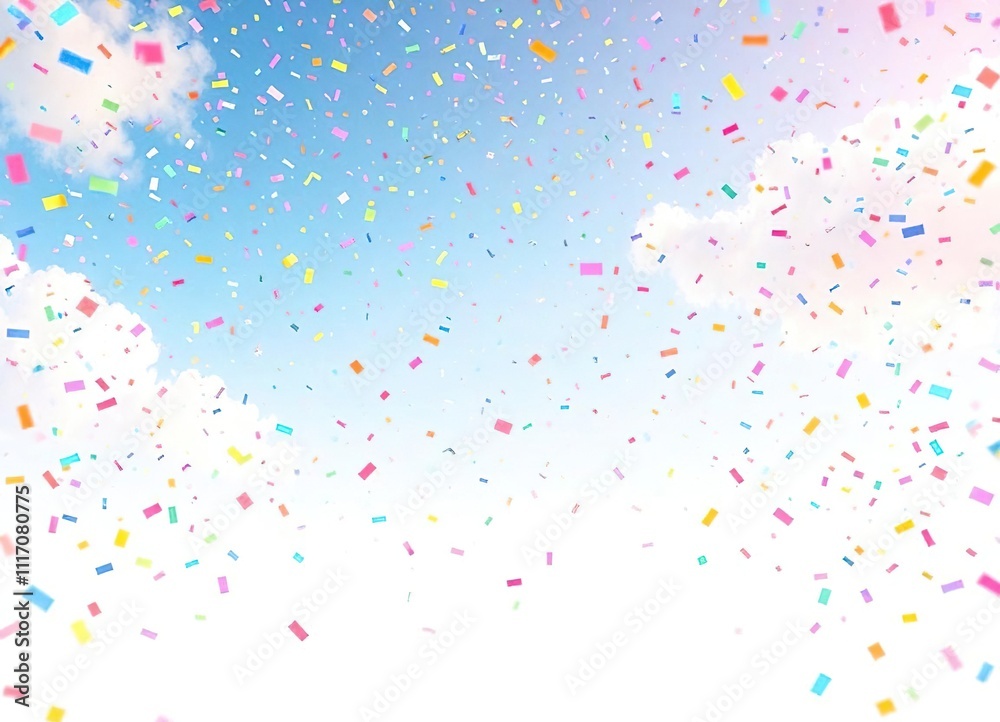 Obraz premium pastel rainbow confetti falling from sky on white background, rainbow confetti, gentle fall