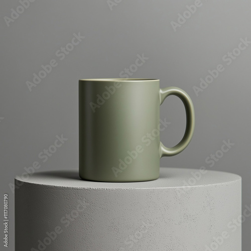 Green thermo mug mockup, on table podium, gray background. Ai generated images.