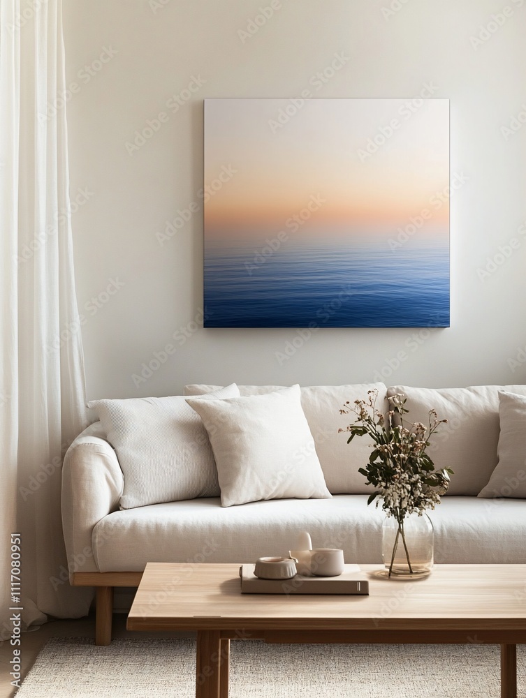 Fototapeta premium Elegant Minimalist Living Room with Sofa and Ocean-Inspired Artwork