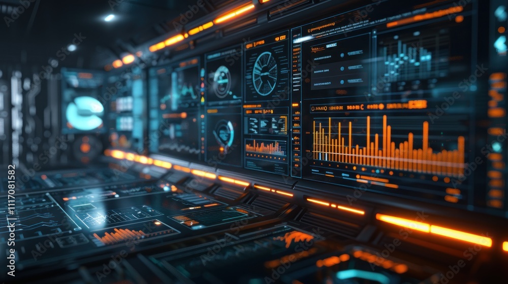 Futuristic control room with glowing digital displays showing data analytics and graphs. Futuristic control room with glowing digital displays showing data analytics and graphs.