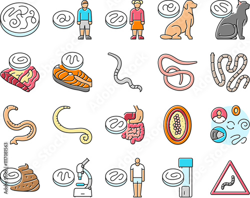 helminth worm parasite roundworm icons set vector. dog tapeworm, heart helminth ascaris, internal cat, nematode pet, pinworm giardia helminth worm parasite roundworm color line illustrations photo