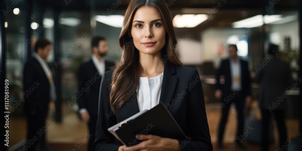 Fototapeta premium Woman leader in a corporate space, holding a clipboard and standing confidently in front of a boardroom setting