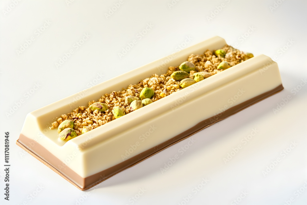Decadent white chocolate bar filled with crunchy pistachios and biscuit pieces, showcasing a modern sweet treat perfect for indulgence Decadent white chocolate bar filled with crunchy pistachios and biscuit pieces, showcasing a modern sweet treat perfect for indulgence