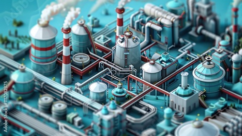 Isometric view of a complex industrial plant with various structures, pipes, and tanks.