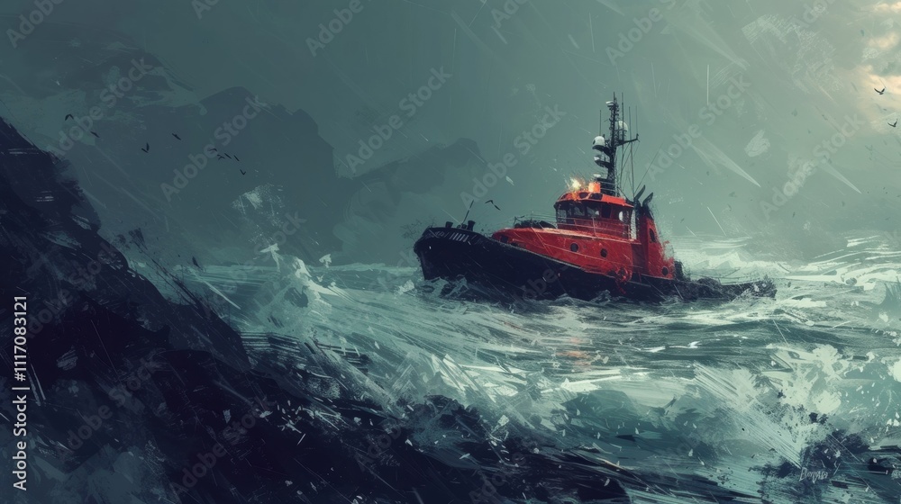 Naklejka premium After successfully maneuvering through rocky waters the captain personally radios in their status to coastal authorities reporting their safe arrival to their intended destination.