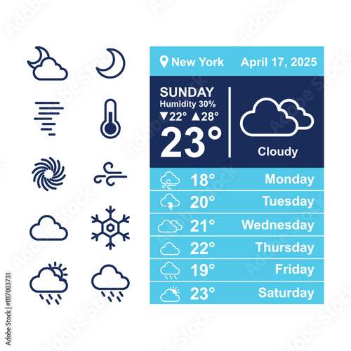 vector art design of weather forecast, application of science and technology to predict the conditions of the atmosphere based location and time, sunny, rainy, winter, summer, humidity, temperature