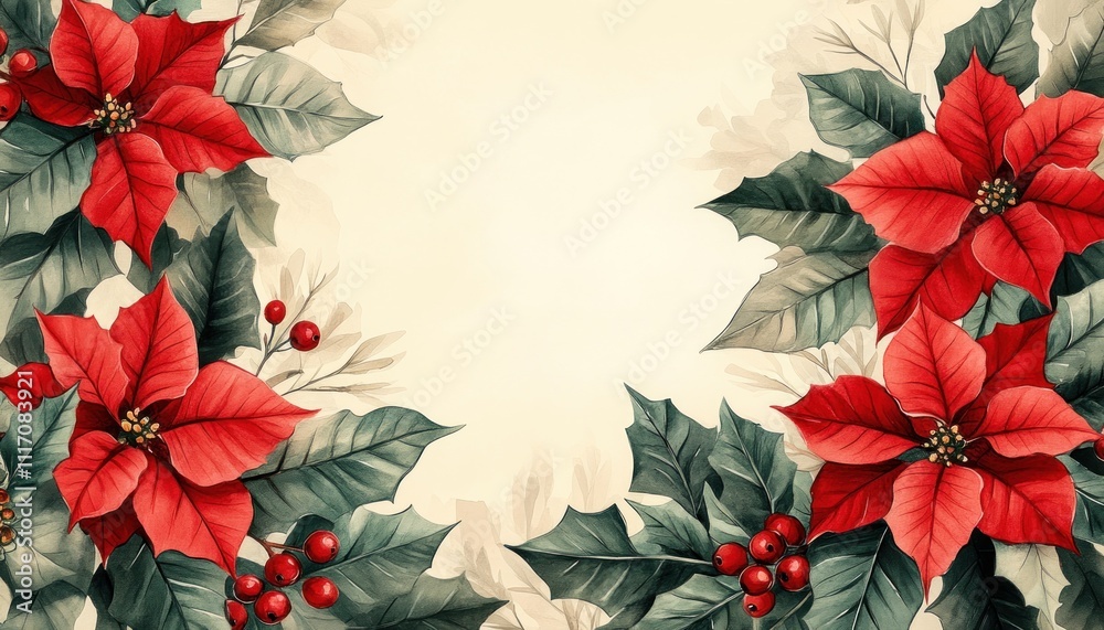 Festive Christmas Card Design with Poinsettias and Holly Leaves Festive Christmas Card Design with Poinsettias and Holly Leaves