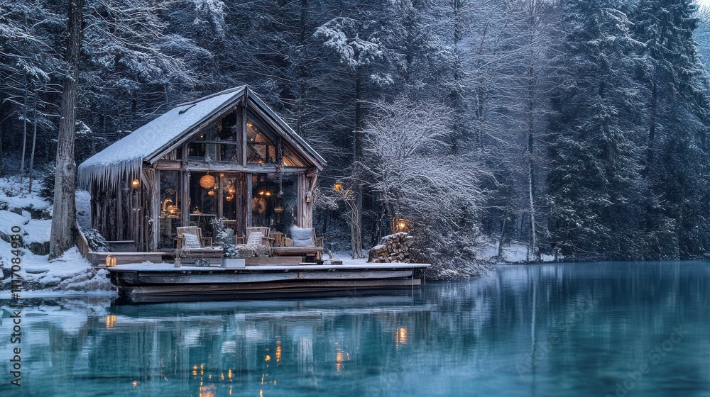 Fototapeta premium A serene winter scene featuring a cozy cabin by a frozen lake surrounded by snow-covered trees.
