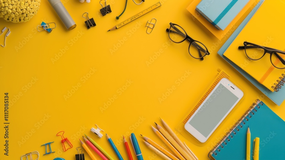 Flat Lay of Colorful Stationery and Phone on Yellow Background Flat Lay of Colorful Stationery and Phone on Yellow Background