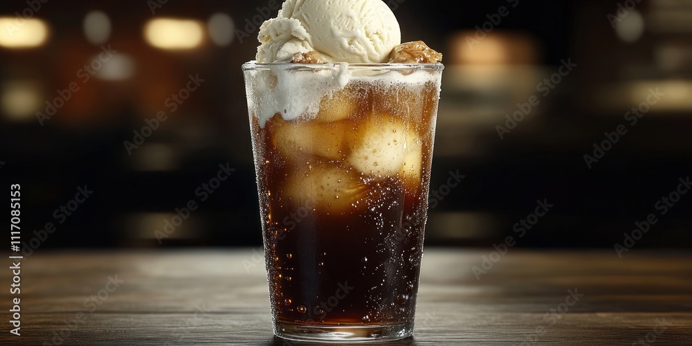 A glass of soda topped with vanilla ice cream, creating a refreshing dessert drink. A glass of soda topped with vanilla ice cream, creating a refreshing dessert drink.