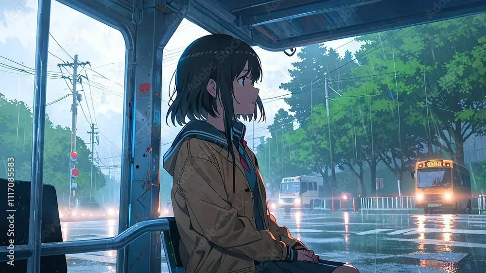 Cute anime girl alone in the night rain. illustration lofi music chill, sad and relaxed. 4K Generative AI video looping animation