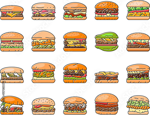 burger food hamburger bun icons set vector. sandwich fast, cheeseburger cheese, bread drink, black snack, meat beef, meal, retro burger food hamburger bun color line illustrations