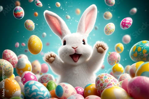 Cute Fluffy White Bunny with Colorful Easter Eggs Celebration